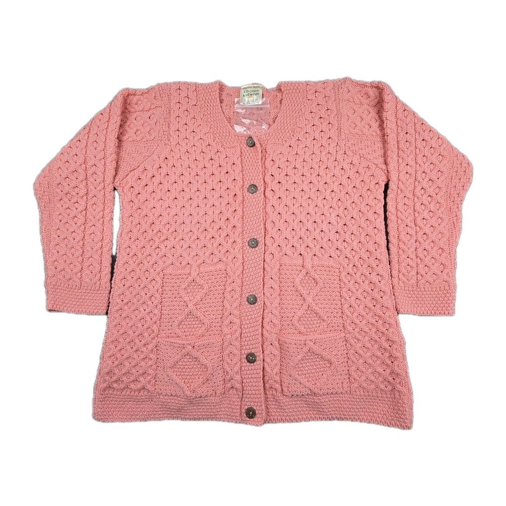 Kilronan‎ Knitwear Merino Wool Cardigan Ireland NWT Pink Cable Knit L